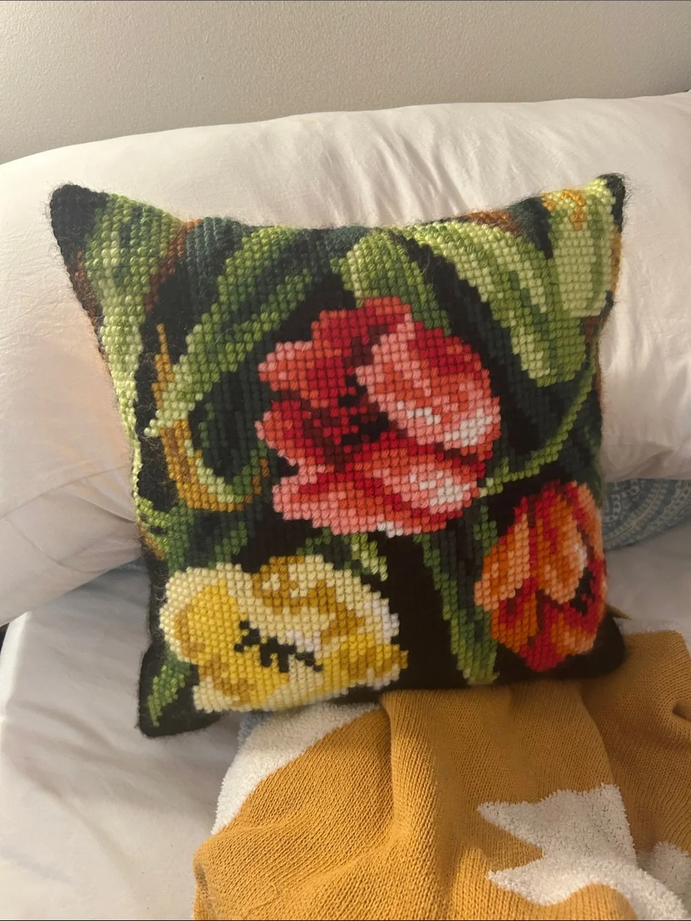 Vintage Orchidea Floral Needlepoint Pillow Already Finished